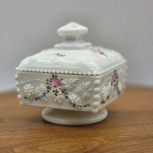Westmoreland Cottagecore Milk Glass‎ Trinket Box Hand Painted Roses Footed Lid